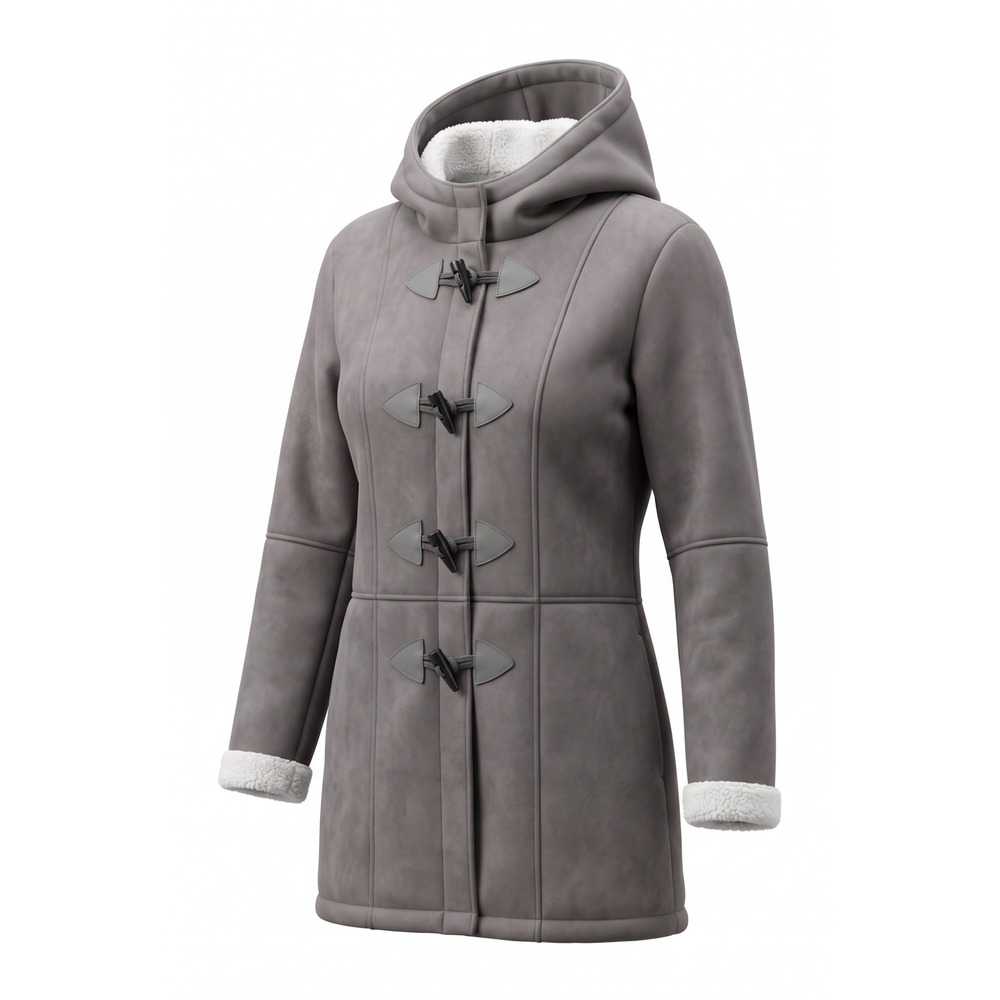 Gray Faux Suede Duffle Coat with Faux Shearling Lining and Hood XL